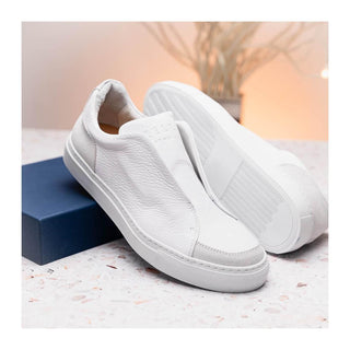 Zelli Italia Spettacolare Men's Shoes White Pebble Grain Calf-Skin Leather Slip-On Sneaker (ZEL1051)