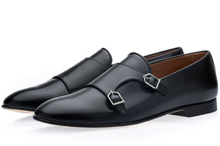 SPGM1387 Odilon Nappa black leather double-buckle loafer three-quarter view