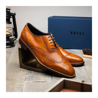Zelli Italia Stephano Men's Shoes Camel Calf-Skin Leather Wing-Tip Oxford (ZEL1039)