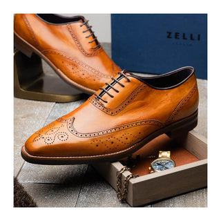 Zelli Italia Stephano Men's Shoes Camel Calf-Skin Leather Wing-Tip Oxford (ZEL1039)
