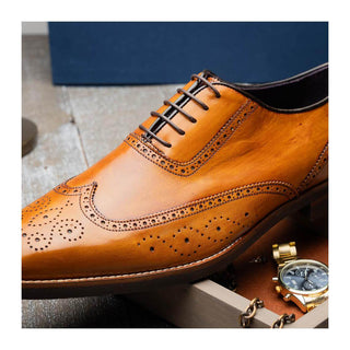 Zelli Italia Stephano Men's Shoes Camel Calf-Skin Leather Wing-Tip Oxford (ZEL1039)