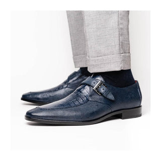Marco Di Milano Toluca Men's Shoes Navy Exotic Lizard / Crocodile Single Monk Strap (MDM1127)