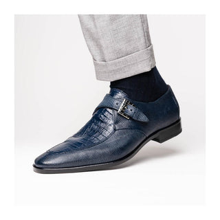 Marco Di Milano Toluca Men's Shoes Navy Exotic Lizard / Crocodile Single Monk Strap (MDM1127)