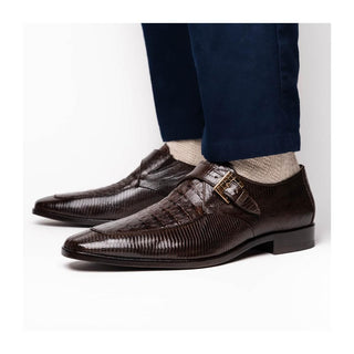 Marco Di Milano Toluca Men's Shoes Brown Exotic Lizard / Crocodile Single Monk Strap (MDM1127)