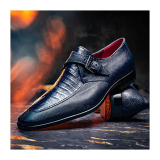 Marco Di Milano Toluca Men's Shoes Navy Exotic Lizard / Crocodile Single Monk Strap (MDM1127)