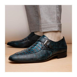 Marco Di Milano Toluca Men's Shoes Blue Exotic Lizard / Crocodile Single Monk Strap (MDM1127)