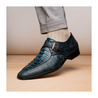 Marco Di Milano Toluca Men's Shoes Blue Exotic Lizard / Crocodile Single Monk Strap (MDM1127)