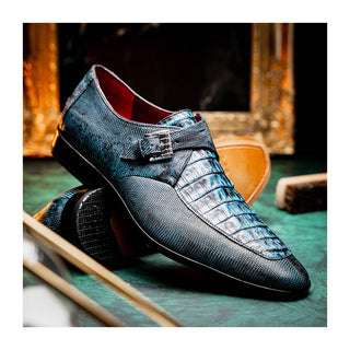 Marco Di Milano Toluca Men's Shoes Blue Exotic Lizard / Crocodile Single Monk Strap (MDM1127)