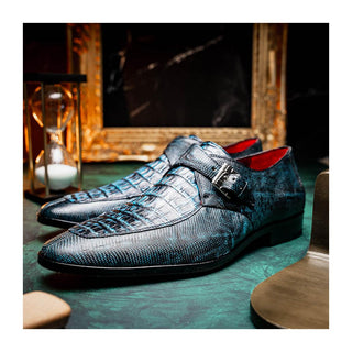 Marco Di Milano Toluca Men's Shoes Blue Exotic Lizard / Crocodile Single Monk Strap (MDM1127)