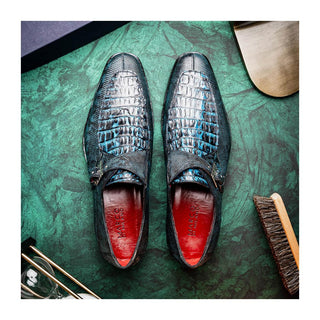 Marco Di Milano Toluca Men's Shoes Blue Exotic Lizard / Crocodile Single Monk Strap (MDM1127)