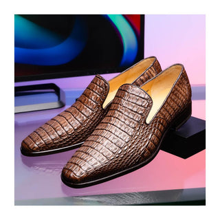 Marco Di Milano Trento Men's Shoes Brown Genuine Caiman Crocodile Slip-On Loafers (MDM1115)