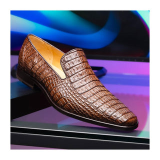 Marco Di Milano Trento Men's Shoes Brown Genuine Caiman Crocodile Slip-On Loafers (MDM1115)