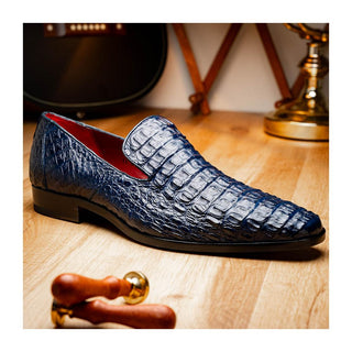 Marco Di Milano Trento Men's Shoes Navy Genuine Caiman Crocodile Slip-On Loafers (MDM1115)