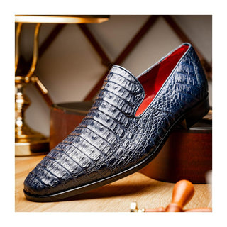 Marco Di Milano Trento Men's Shoes Navy Genuine Caiman Crocodile Slip-On Loafers (MDM1115)