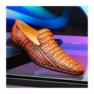 Marco Di Milano Trento Men's Shoes Cognac Genuine Caiman Crocodile Slip-On Loafers (MDM1115)