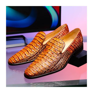 Marco Di Milano Trento Men's Shoes Cognac Genuine Caiman Crocodile Slip-On Loafers (MDM1115)