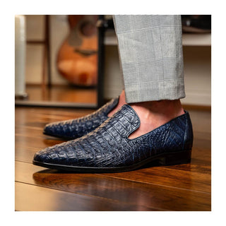 Marco Di Milano Trento Men's Shoes Navy Genuine Caiman Crocodile Slip-On Loafers (MDM1115)