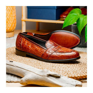 Zelli Italia Tuscany Men's Shoes Cognac Crocodile Skin Penny Loafer (ZEL1000)
