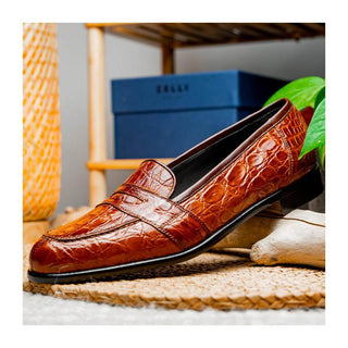Zelli Italia Tuscany Men's Shoes Cognac Crocodile Skin Penny Loafer (ZEL1000)