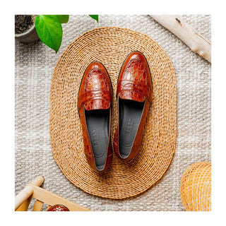 Zelli Italia Tuscany Men's Shoes Cognac Crocodile Skin Penny Loafer (ZEL1000)