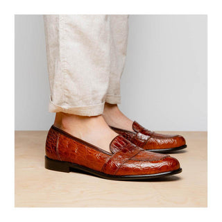 Zelli Italia Tuscany Men's Shoes Cognac Crocodile Skin Penny Loafer (ZEL1000)