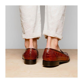 Zelli Italia Tuscany Men's Shoes Cognac Crocodile Skin Penny Loafer (ZEL1000)