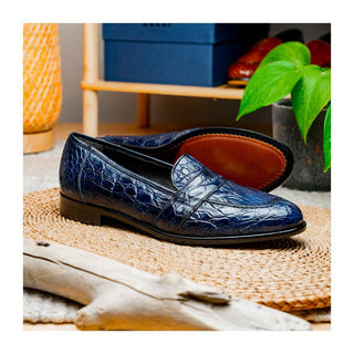 Zelli Italia Tuscany Men's Shoes Navy Crocodile Skin Penny Loafer (ZEL1000)