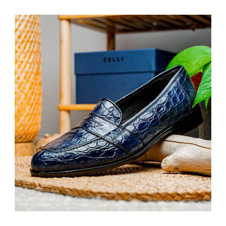 Zelli Italia Tuscany Men's Shoes Navy Crocodile Skin Penny Loafer (ZEL1000)