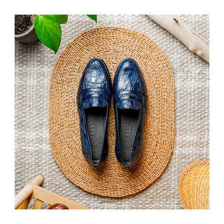Zelli Italia Tuscany Men's Shoes Navy Crocodile Skin Penny Loafer (ZEL1000)