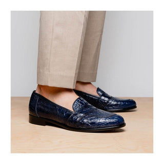 Zelli Italia Tuscany Men's Shoes Navy Crocodile Skin Penny Loafer (ZEL1000)