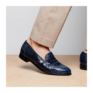 Zelli Italia Tuscany Men's Shoes Navy Crocodile Skin Penny Loafer (ZEL1000)