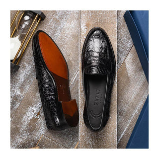 Zelli Italia Tuscany Men's Shoes Black Crocodile Skin Penny Loafer (ZEL1000)