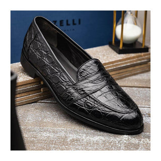 Zelli Italia Tuscany Men's Shoes Black Crocodile Skin Penny Loafer (ZEL1000)