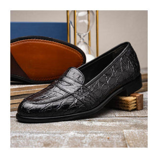 Zelli Italia Tuscany Men's Shoes Black Crocodile Skin Penny Loafer (ZEL1000)