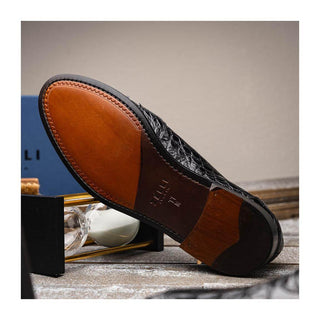 Zelli Italia Tuscany Men's Shoes Black Crocodile Skin Penny Loafer (ZEL1000)
