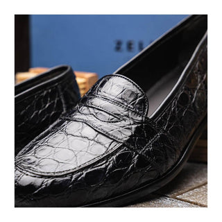 Zelli Italia Tuscany Men's Shoes Black Crocodile Skin Penny Loafer (ZEL1000)