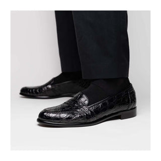 Zelli Italia Tuscany Men's Shoes Black Crocodile Skin Penny Loafer (ZEL1000)