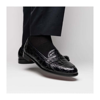 Zelli Italia Tuscany Men's Shoes Black Crocodile Skin Penny Loafer (ZEL1000)