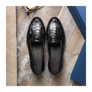 Zelli Italia Tuscany Men's Shoes Black Crocodile Skin Penny Loafer (ZEL1000)