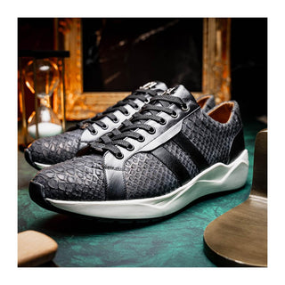 Marco Di Milano Verona Men's Shoes Black Exotic Python / Calfskin Fashion Sneakers (MDM1160)