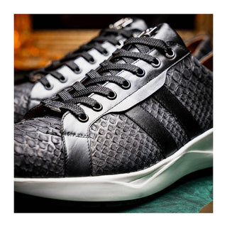 Marco Di Milano Verona Men's Shoes Black Exotic Python / Calfskin Fashion Sneakers (MDM1160)
