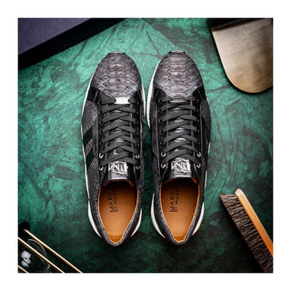 Marco Di Milano Verona Men's Shoes Black Exotic Python / Calfskin Fashion Sneakers (MDM1160)