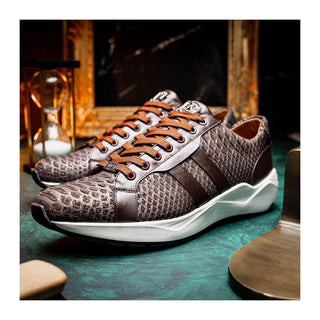 Marco Di Milano Verona Men's Shoes Brown Exotic Python / Calfskin Fashion Sneakers (MDM1160)
