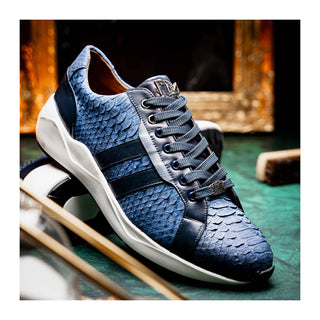 Marco Di Milano Verona Men's Shoes Navy Exotic Python / Calfskin Fashion Sneakers (MDM1160)