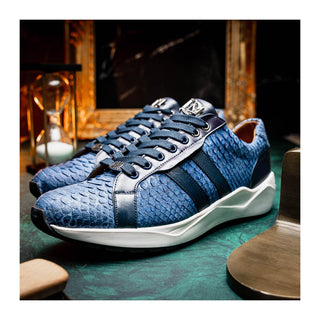 Marco Di Milano Verona Men's Shoes Navy Exotic Python / Calfskin Fashion Sneakers (MDM1160)
