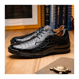 Marco Di Milano Vulcan Men's Shoes Black Exotic Alligator Derby Sneakers (MDM1195)