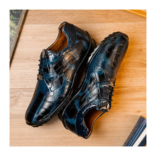 Marco Di Milano Vulcan Men's Shoes Navy Exotic Alligator Derby Sneakers (MDM1195)
