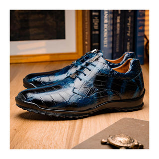 Marco Di Milano Vulcan Men's Shoes Navy Exotic Alligator Derby Sneakers (MDM1195)