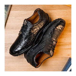 Marco Di Milano Vulcan Men's Shoes Black Exotic Alligator Derby Sneakers (MDM1195)