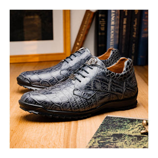 Marco Di Milano Vulcan Men's Shoes Gray Exotic Alligator Derby Sneakers (MDM1195)